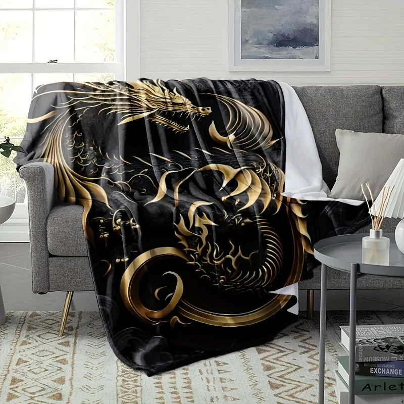 Luxury Dragon Blanket 150x230cm Black Gold Fantasy Mythology Throw Wrap Art Bed Cover Decoration