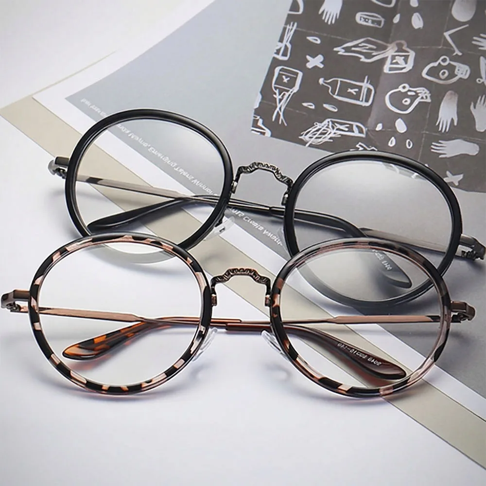 Classic Circle Eyeglasses Black Metal Glasses Frame Anti Blue Light Women Fancy Decorative Specs Lightweight Vintage Eye Wear