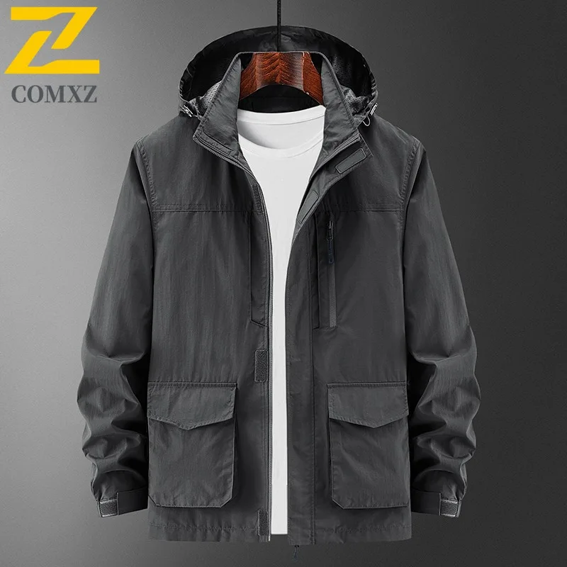 

COMXZ Мужская водонепроницаемая куртка с капюшоном, ветрозащитный дышащий плащ, легкая ветровка для пешего туризма, кемпинга, рыбалки, работы на открытом воздухе