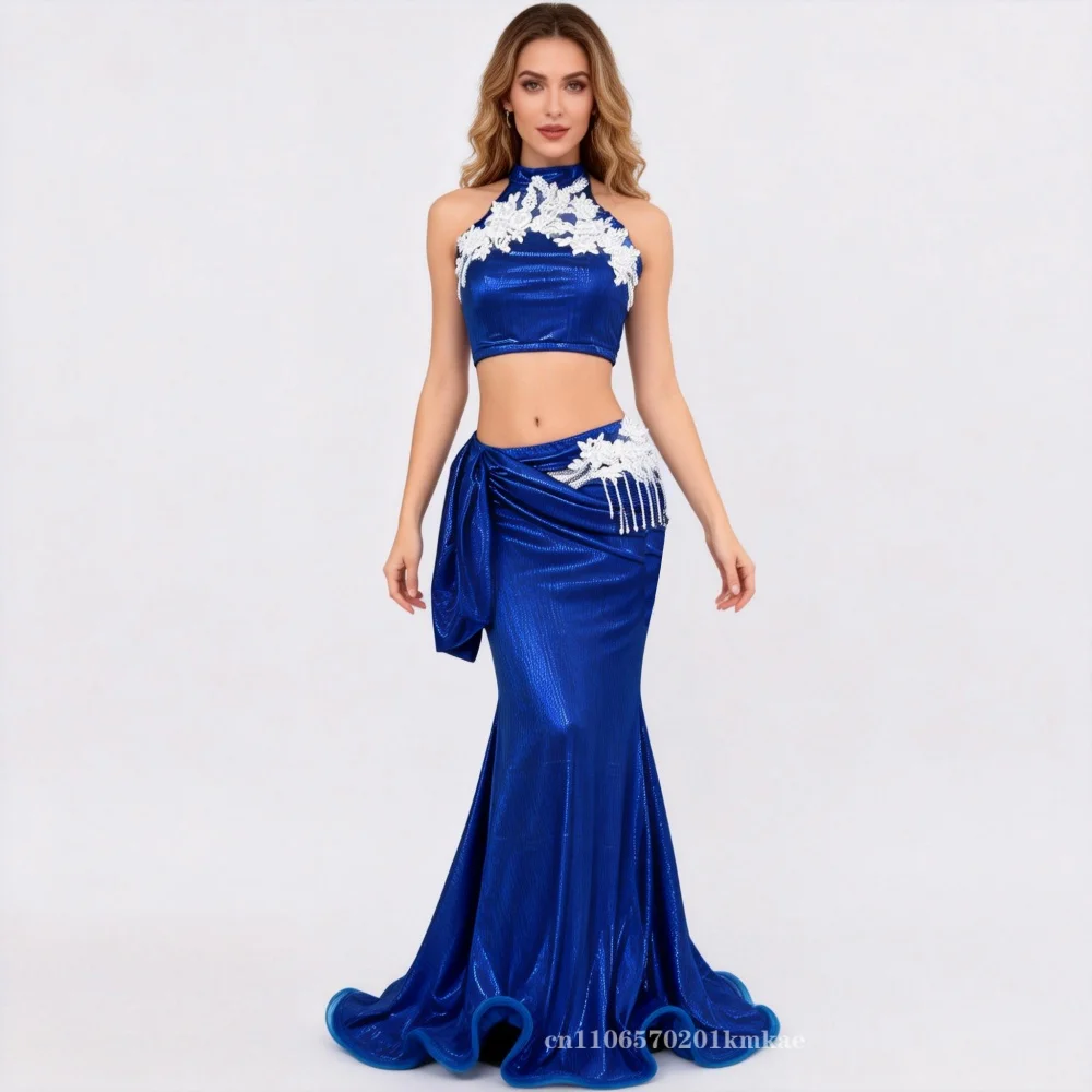 Belly Dance Performance Set Customsized Sleeveless Flowers Top+Sexy Fishtail Long Skirt 2pcs Adult Child Oriental Dance Clothing