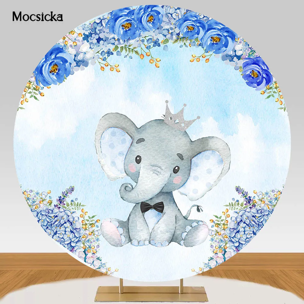 

Mocsicka Blue Elephant Round Backdrop Cover for Baby Shower Boy Birthday Party Newborn Baptism Customized Round Photo Background