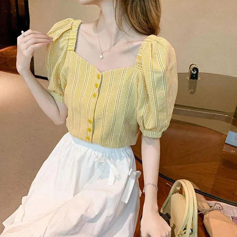 Women Summer New Style Fashion Simplicity Plaid Square Collar Short Sleeve Shirts Women Clothes Vintage All-match Loose Tops