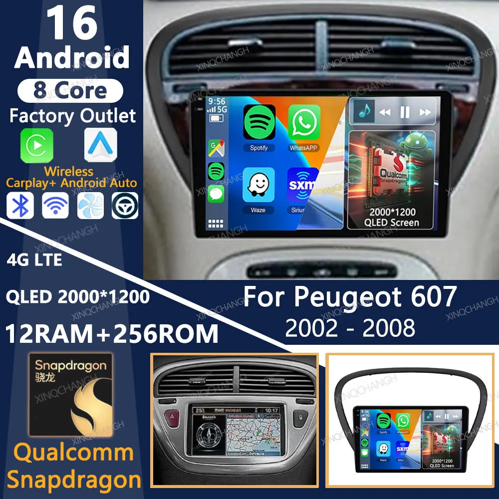 Rádio Automotivo Android 16 para Peugeot 607 2002 - 2008 BT 4G LTE 5G WIFI 2DIN Carplay Auto Qualcomm Multimídia Estéreo Reprodutor de Vídeo GPS