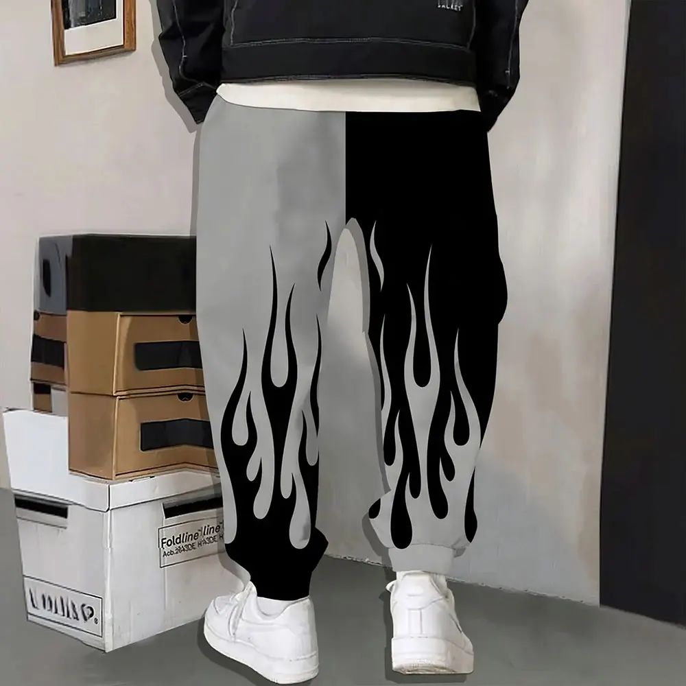 2024 New Fashion 3D Flame Print Color Matching Sweatpants Winter Thick Warm Pants Men Loose Casual Pocket Drawstring Sweatpants