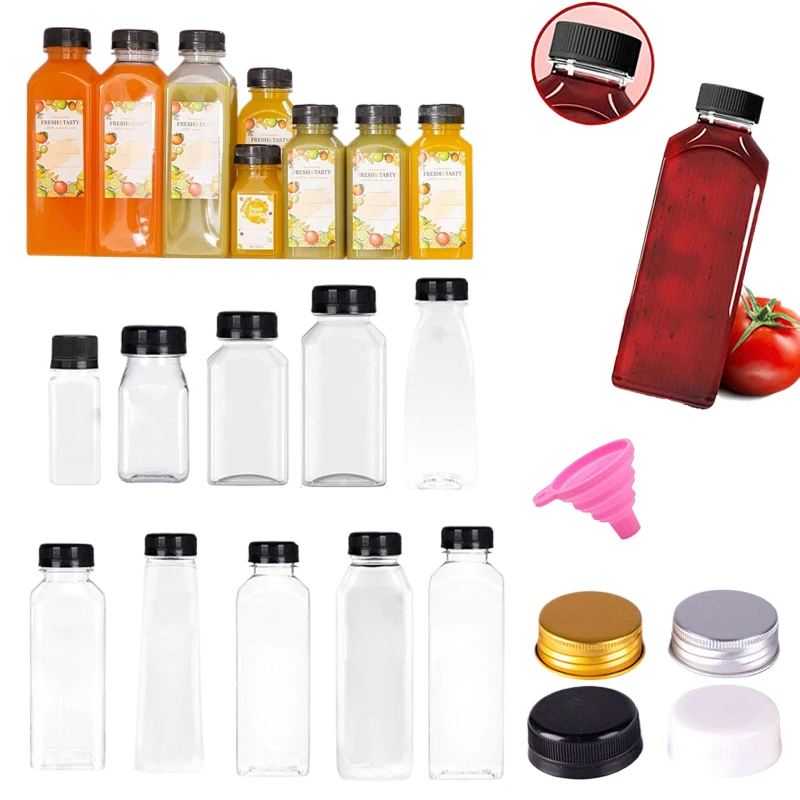 5pcs Reusable 60ML-500ML Empty Clear Plastic Juice Bottles w/ Caps W/ Funnel Portable Water Containers For DIY Juicing Smoothie