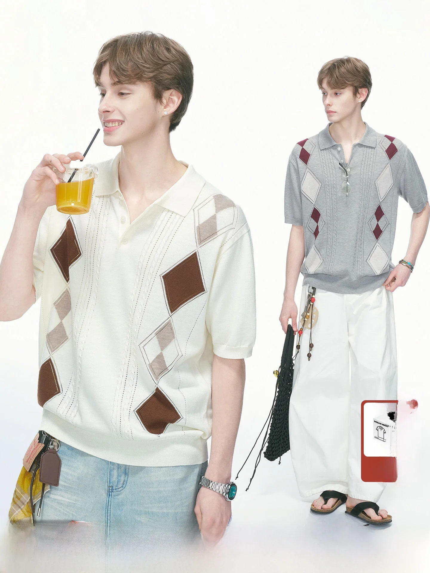 Dream Made Men's Summer Thin Breathable Knitted  Shirt Short Sleeve Hollow out Design Youth Fashion Casual T-Shirt
