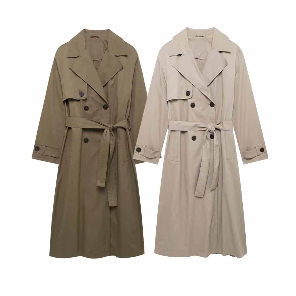 PB&ZA2024 Autumn New Product Casual Women's Fashion Solid Color Collar Button Decoration with Belt Midi Wind Coat Coat