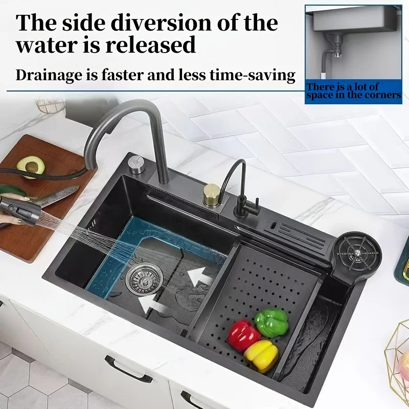 Modern Double Bowl Kitchen Sink – Stainless Steel Undermount with Fast Drainage, Tool Holder & Waterfall Rinse