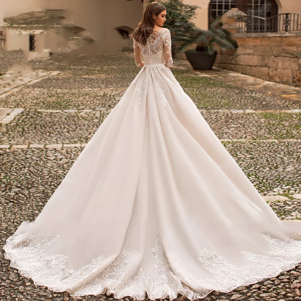 Gaun Pengantin Wanita Anggun Putih Pertama Gaun Pengantin Applique Renda Klasik Gaun Pengantin Putri Lengan Panjang Vestidos Novias Boda Disesuaikan