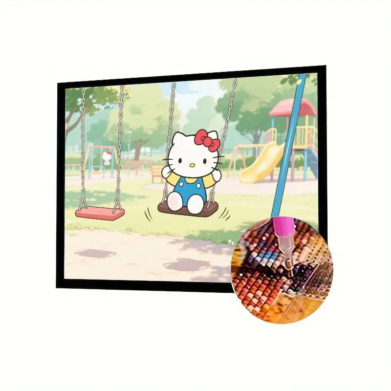 

1PC Hello Kitty Full Drill 5D Diamond Painting Kit, DIY Cute Cartoon Hello Kitty on Swing in Playground Scene Rhinestone Embroid