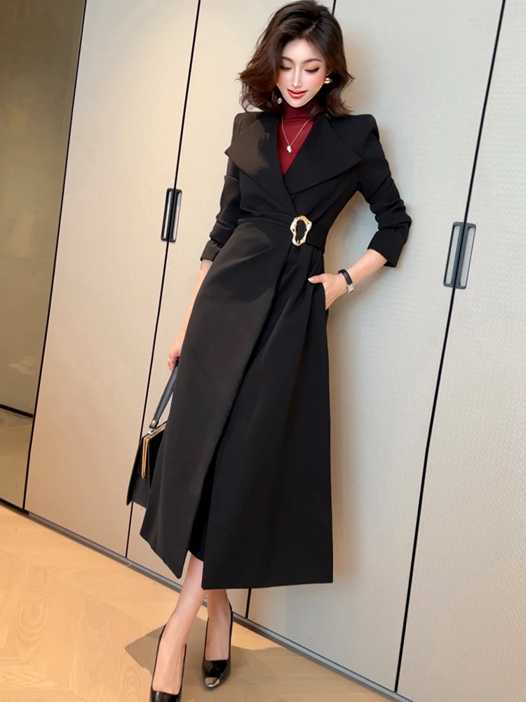 2024 New Premium Coat Temperament Commuter Suit Collar Dress Autumn and Winter High-waisted Long Trench Coat for Women