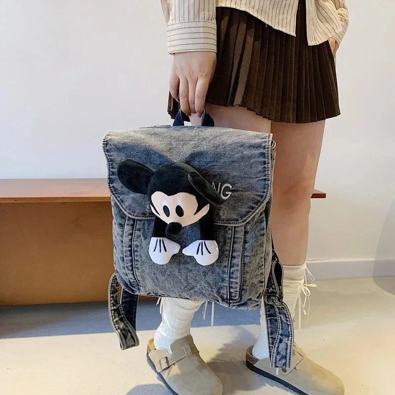 Women's Denim Backpack Autumn Winter Thick Doll Decoration Cute Large Capacity Washed School Bag for Daily & Travel Use