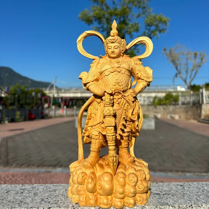 Hand-Carved Hinoki Wood Weituo Bodhisattva Statue - 10.2