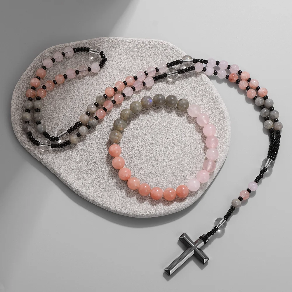 Natuurlijke edelsteen kralen ketting armband hematiet kruis hanger religieuze vreedzame meditatie christelijke sieraden voor mannen vrouwen