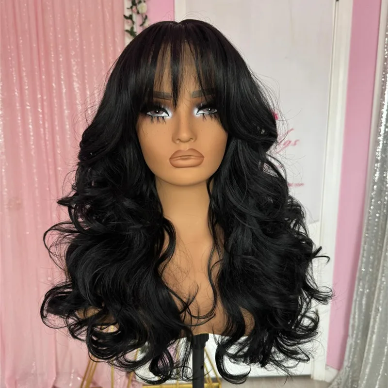 Onda do corpo peruca frontal de renda com franja para mulheres, cabelo sintético natural, fibra de alta densidade, cor preta, fibra alta, perucas femininas