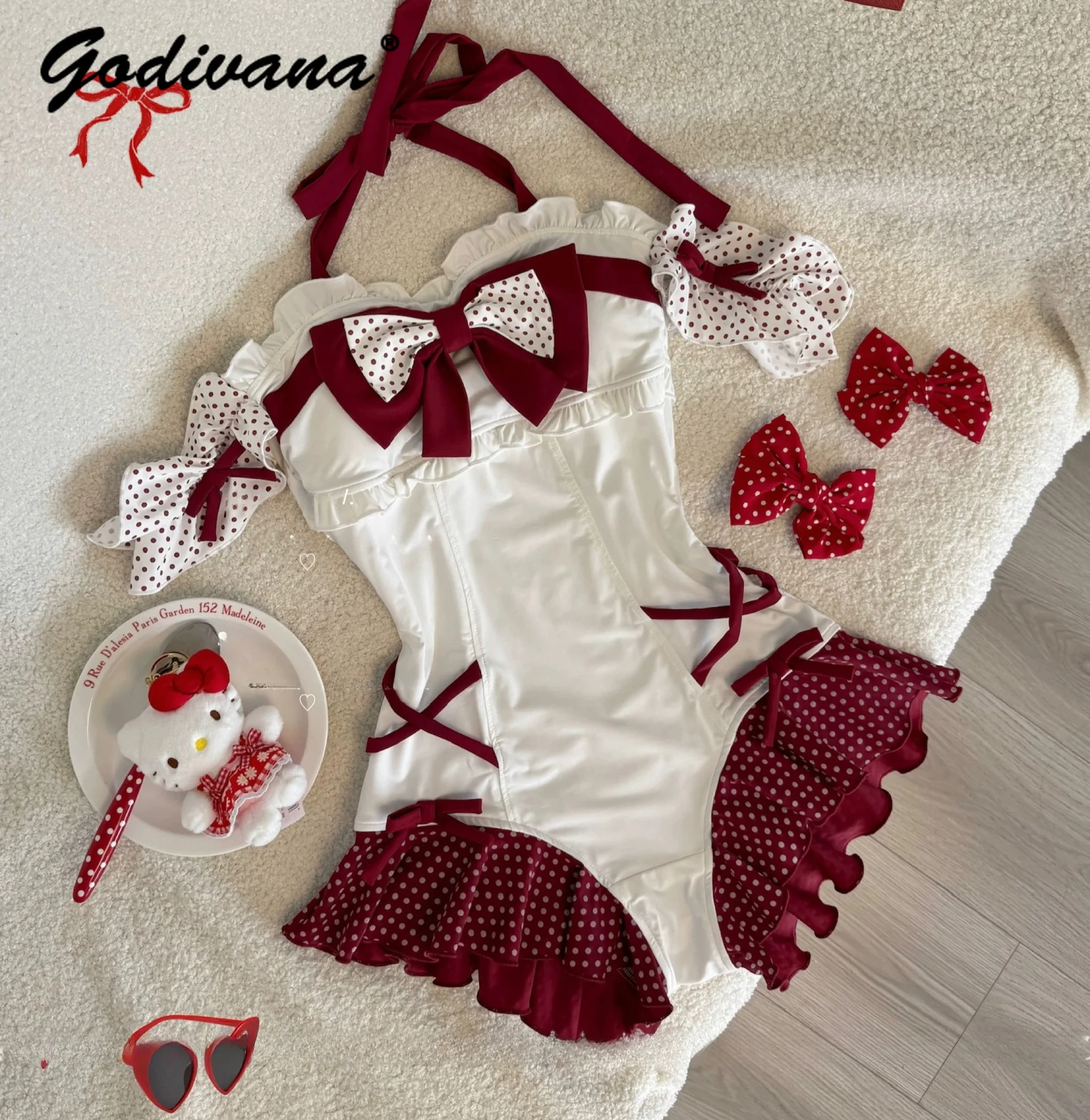 Retro Lolita Polka Dot Strap Big Bows with Chest Pad Seaside Vacation Swimsuit Sweet Girl Women's One-Piece Suits Swimwear