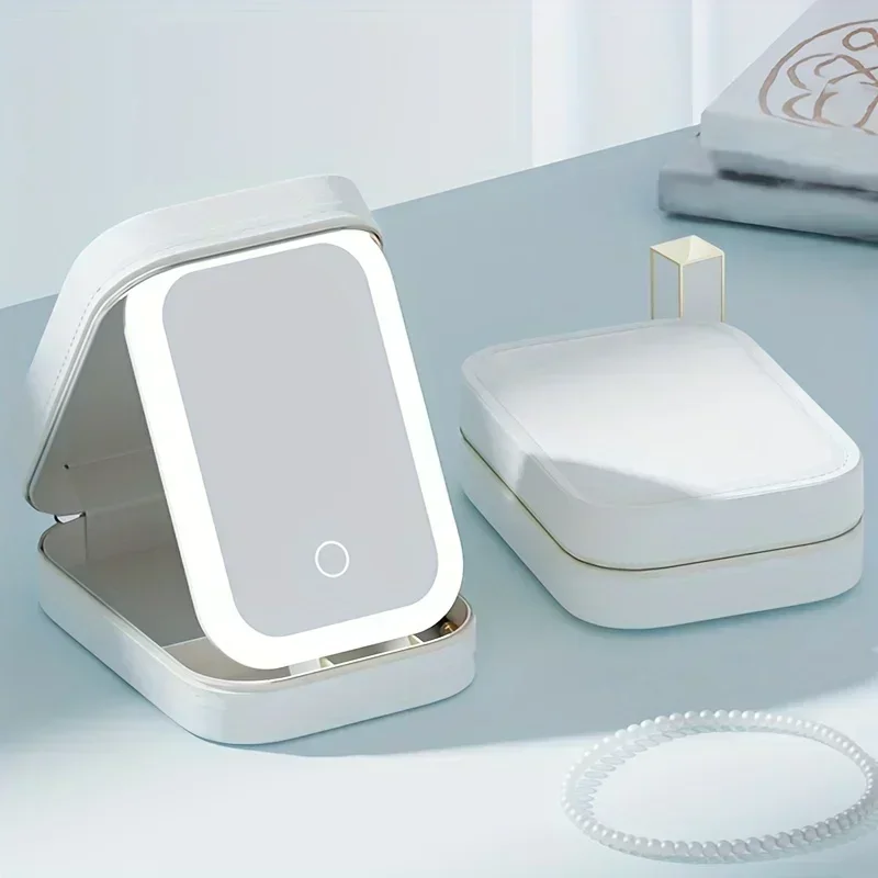 Specchio per trucco a LED ricaricabile USB da 1 pezzo, borsa per cosmetici da viaggio con luce, organizer per riporre il trucco, specchio cosmetico illuminato
