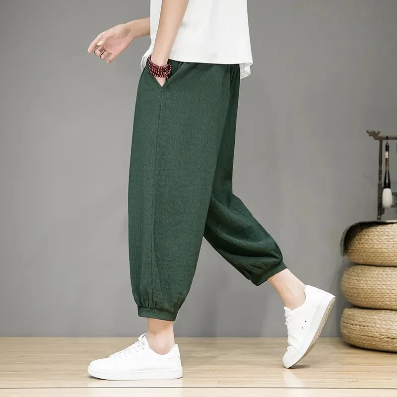 

Мужские укороченные брюки-шаровары из ледяного шелка, свободные, широкие, с эластичными манжетами, повседневные, дышащие, больших размеров, летние