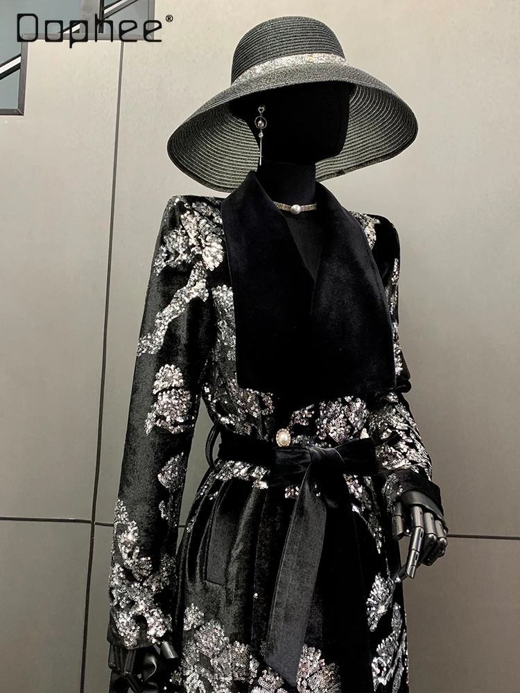 Heavy Sequin Flocked Trench Coat for Women Lace-Up Slimming Elegant Coat 2025 Autumn Winter New Vintage High-End Socialite Coats