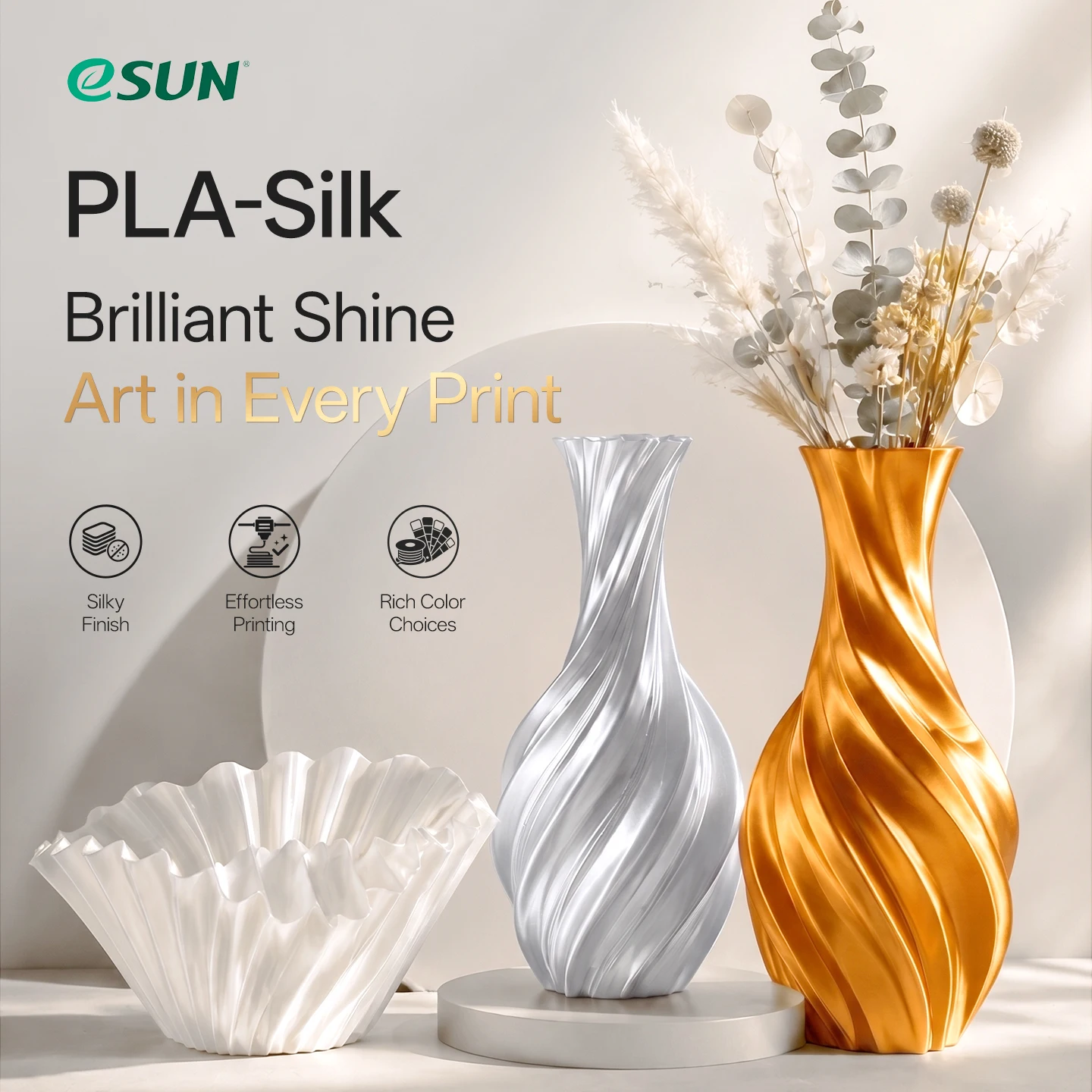 ESUN Silk PLA Filament 1.75mm Silk PLA 3D Printer Filament 1KG (2.2 LBS) Spool 3D Materials for 3D Printers DIY Artwork Printing