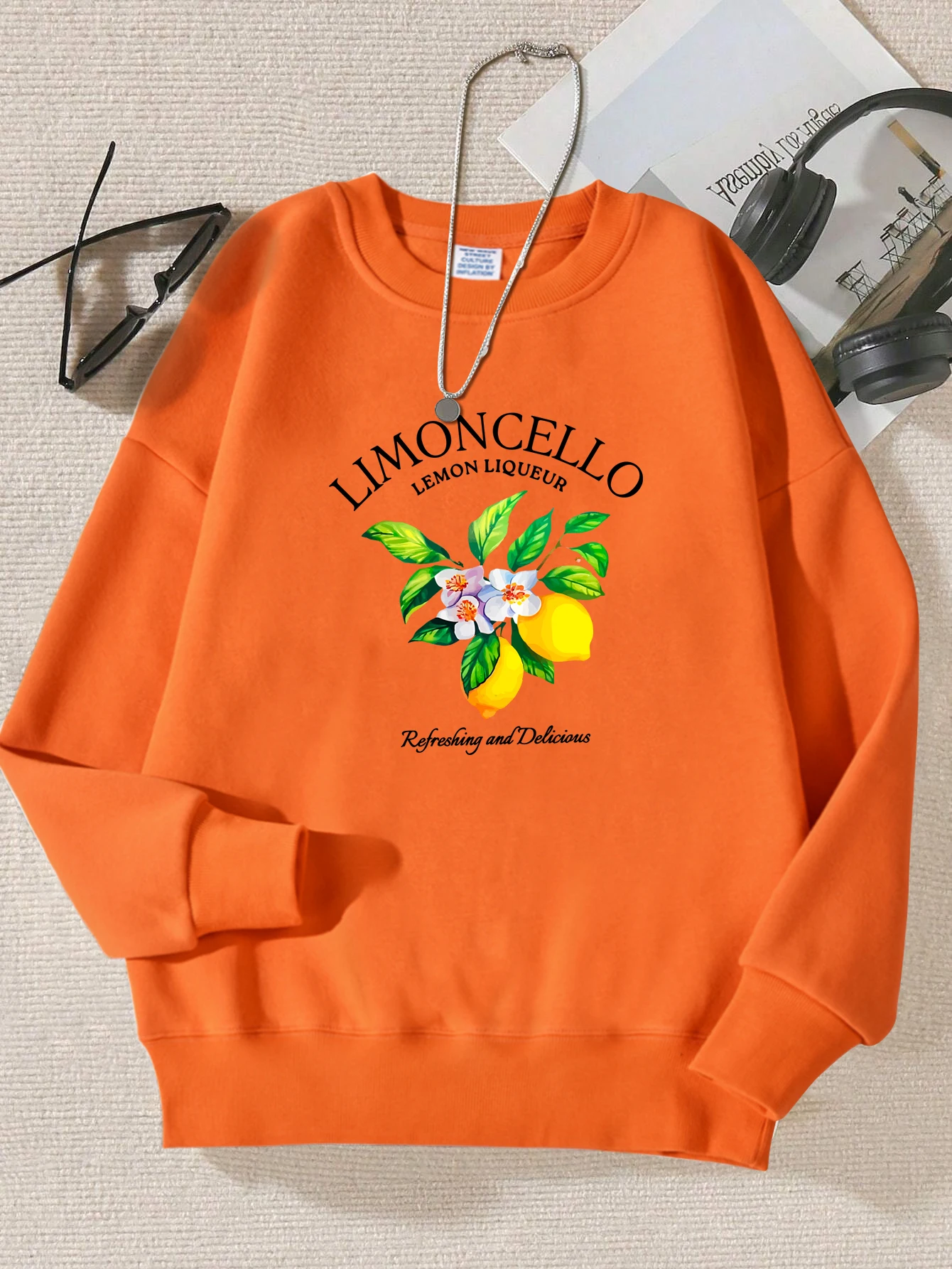 Creative Lemon Flower Print Woman Sweatshirt Casual Comfortable Pullover Fashion Soft Clothes Autumn Warm Clothing Female