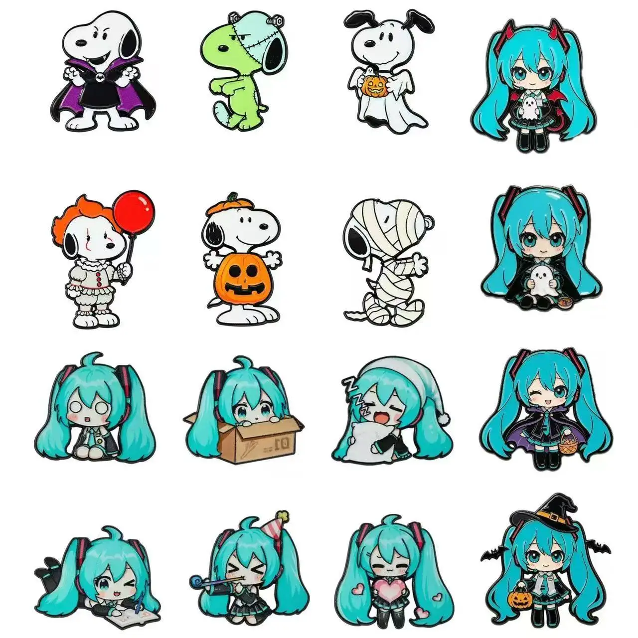 16-teiliges Set Emaille-Pins mit Musik-Sänger-Motiven, Niedliche Cartoon-Mädchen- und Cartoon-Hunde-Abzeichen, Halloween-Dekorationen, Cosplay-Anime-Broschen für Kleidung