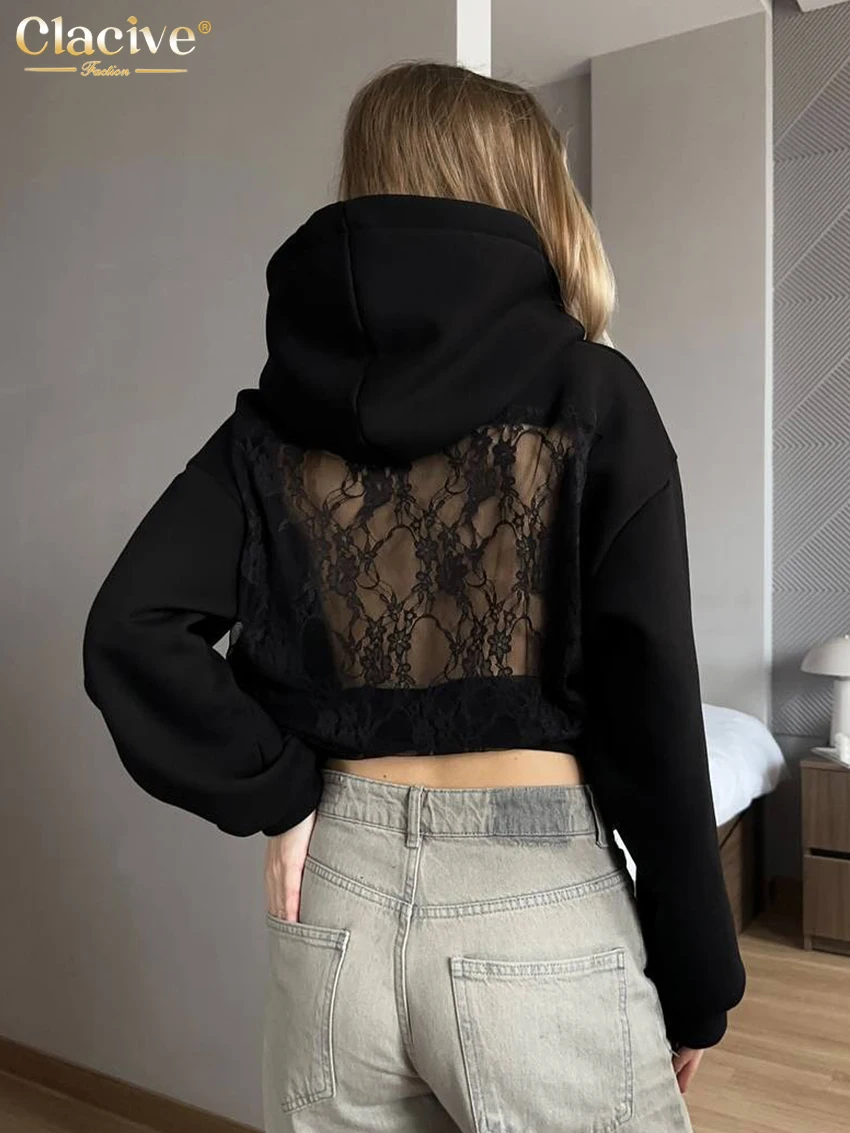 

Clacive Fashion Loose Black Women's Shirt Spring Hooded Long Sleeve Lady Shirts Elegant Classic Lace Spliced Top Female Clothing