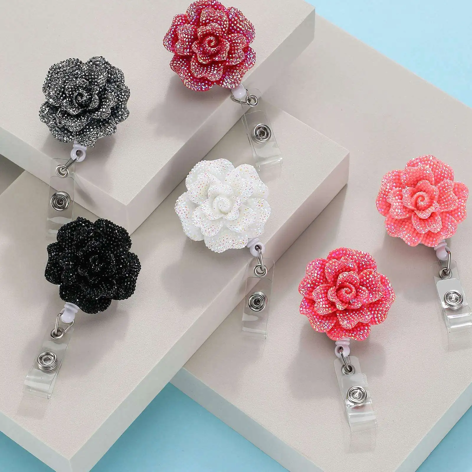 6 Pieces 24 Inch Retractable Badge Reels,Glitter Rose ID Badge Holder with 360 Degree Rotatable Alligator Clip