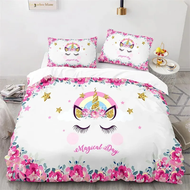 

Cartoon Unicorn Floral Rainbow Girl's Eyelash Bedding Set Boys Girls Twin Queen Size Duvet Cover Pillowcase Bed Kids Adult