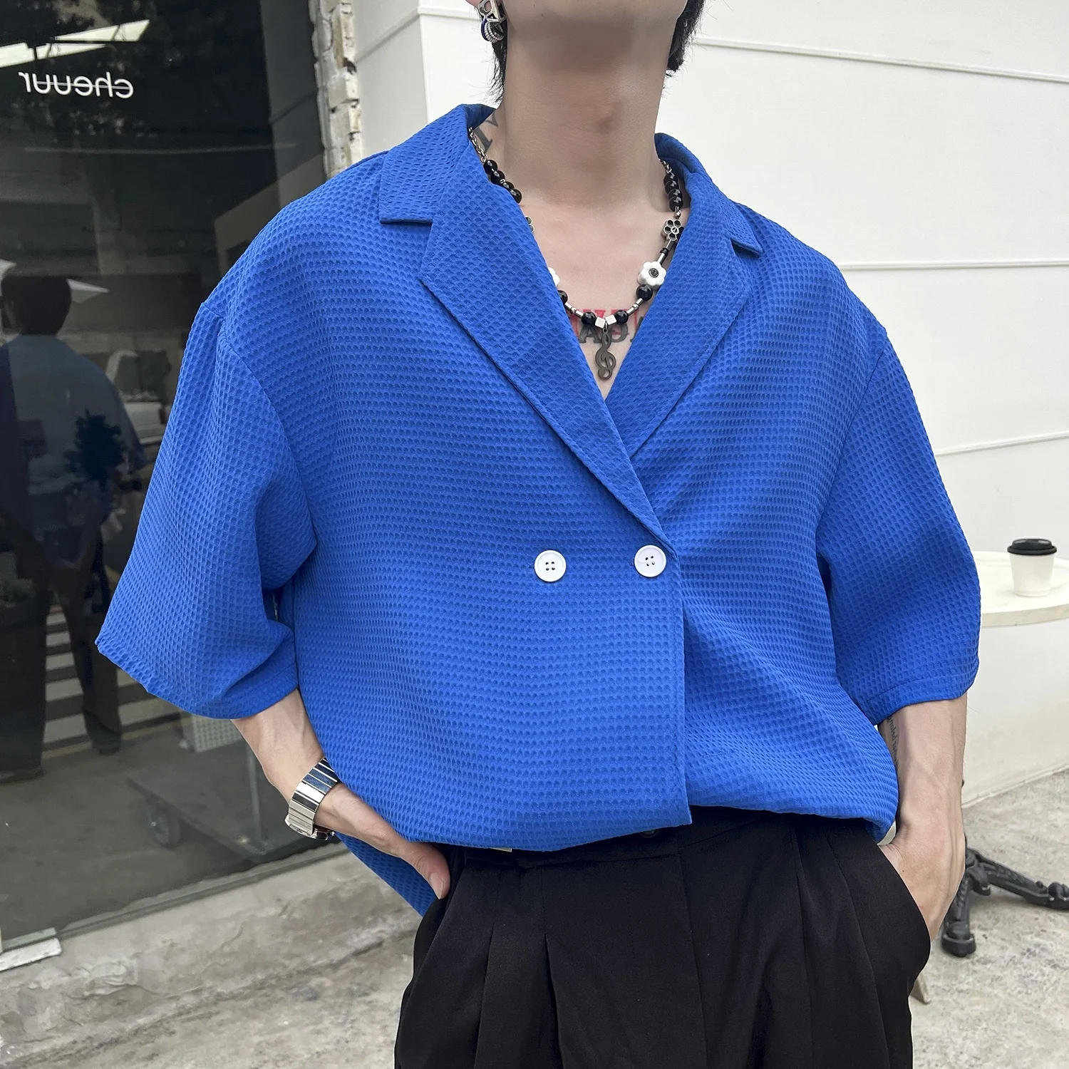 

Klein Blue Men's Short Sleeve Shirt Casual Loose Fit Summer New Style Korean Version Waffle Pattern Youth Popular Shirt
