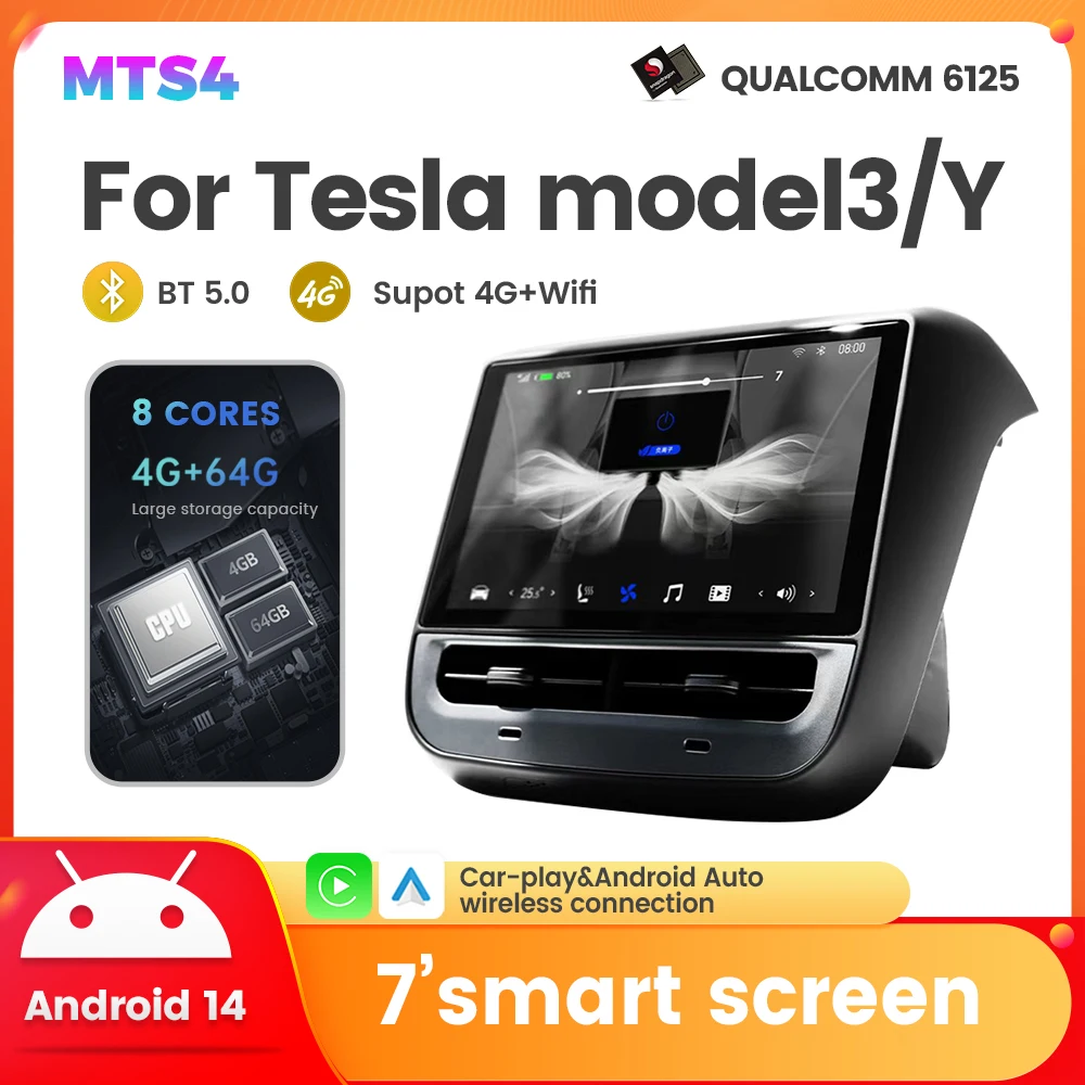 Android 7 Inch Car Rear Entertainment Smart Screen for Tesla Model 3 Y Wireles Carplay Andriod Auto Display 4G WIFI Video Player