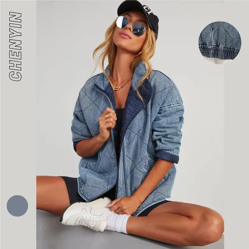 

Ins New Autumn Ladies Design Sense Thiened Loose Double ket Denim Jaet European Sle Women's Faion Outerwear