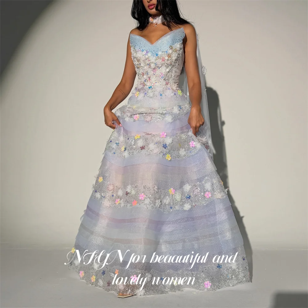 NFYN Light Blue Prom Dress 3D Colorful Floral Appliqué Evening Gown Multi‑Layer Glitter Tulle Party Dress With Cape Customized