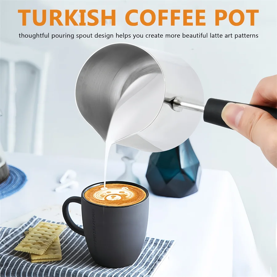 1Pcs Stainless Steel Turkish Coffee Pot with Diversion Mouth and Anti-Scalding Handle (350Ml/600Ml/1000Ml) Milk Butter Coffee Heater and Milk Pot with Nozzle, Arabic Coffee Pot, Briki Greek Coffee Pot, Greek Briki, Stove Chocolate Melting Pot, Suitable for Maple Syrup, Sauce Heating, Washable Dishwasher