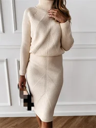 TYHUR Autumn Women's Knitting Costume Turtleneck Solid Color Pullover Sweater + Slim Skirt Two-Piece Set