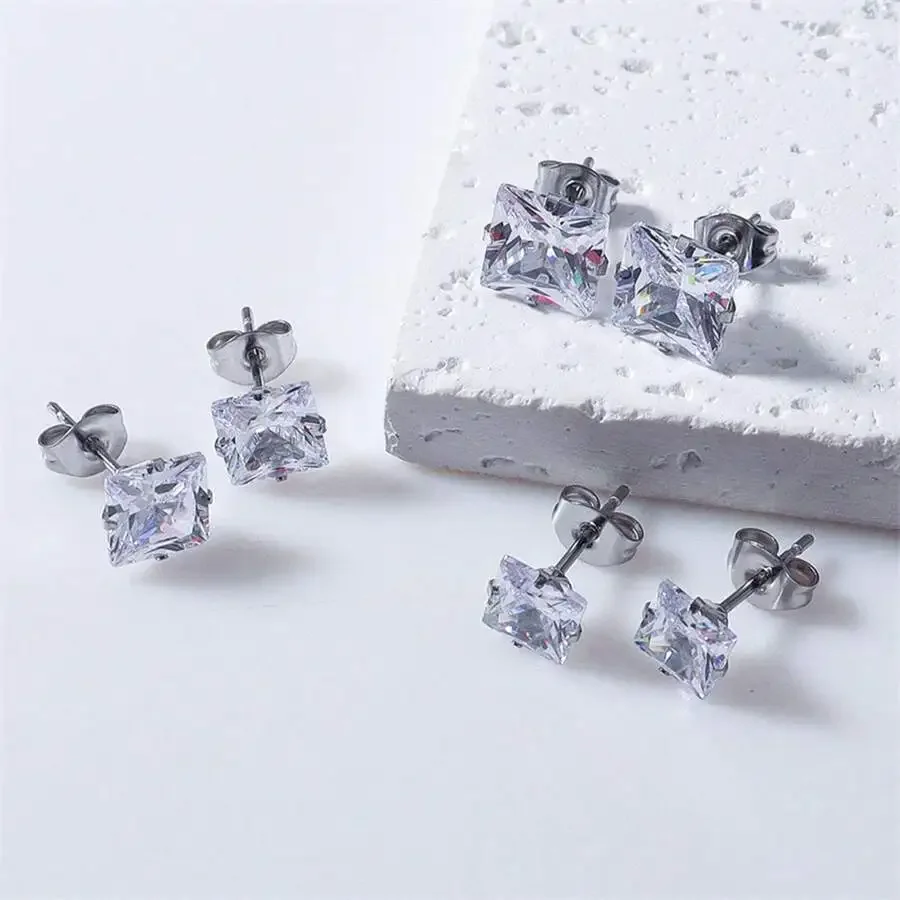 

2pcs Square Cubic Zirconia Stud Earrings Stainless Steel Hypoallergenic Unisex Fashion Casual Pierced Earrings For Daily Wear