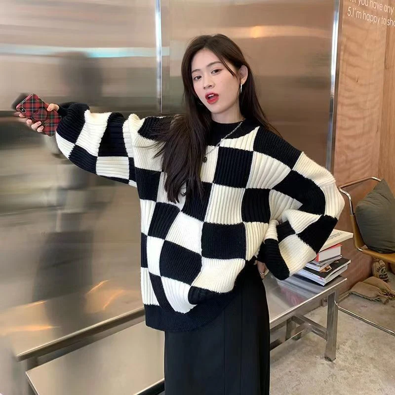 Gidyq Women Checkerboard Knitted Sweater Autumn Korean Casual Warm Loose Long Sleeve Top Female Streetwear All Watch Jumper New