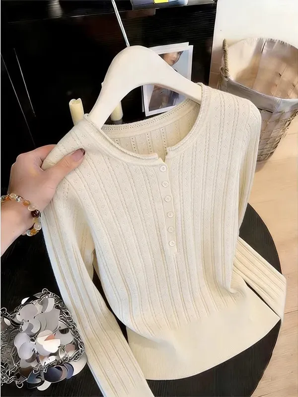 Slimming round Neck Knitted Sweater Korean Style Hollow out Embroidery Design Women's Fashion Soft Polyester Fiber Long Sleev...