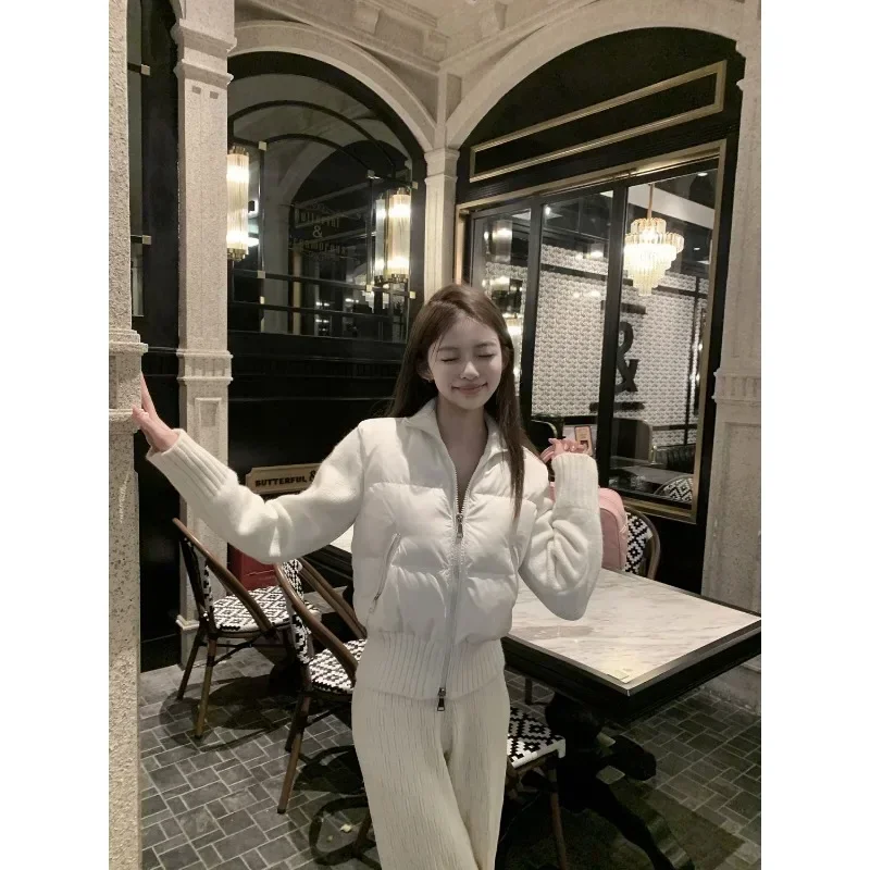 Giacca imbottita Parka da donna Maniche lavorate a maglia impiombate Capispalla Colletto rialzato Abiti slim fit Cappotti ispessiti Abbigliamento femminile