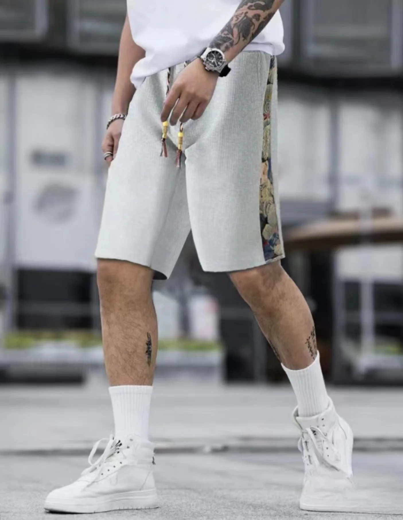 Global summer men's new jacquard quarter pants solid color striped Waffle sports fitness shorts