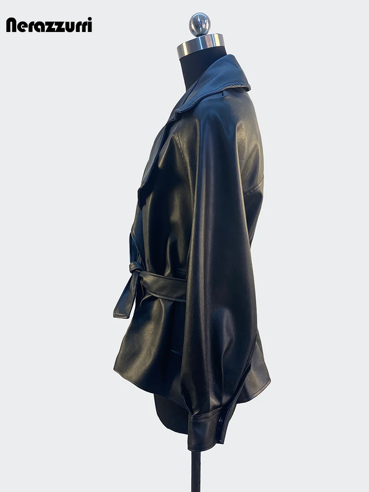 Nerazzurri-Veste courte en cuir PU pour femme, vêtements décontractés, ceintures élégantes, chic, luxe, noir, léger, printemps, automne, 2024