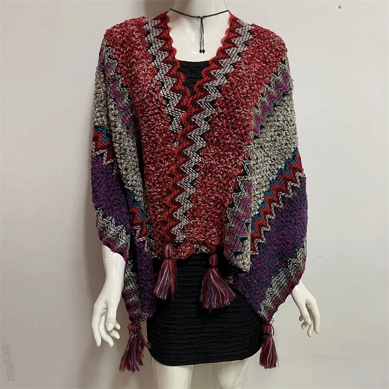 

Spring Autumn Tibetan National Style Girl Shawl Cloak Thick Knitted Tassel Scarf Shawl Dual Purpose Lady Cardigan Coat Red