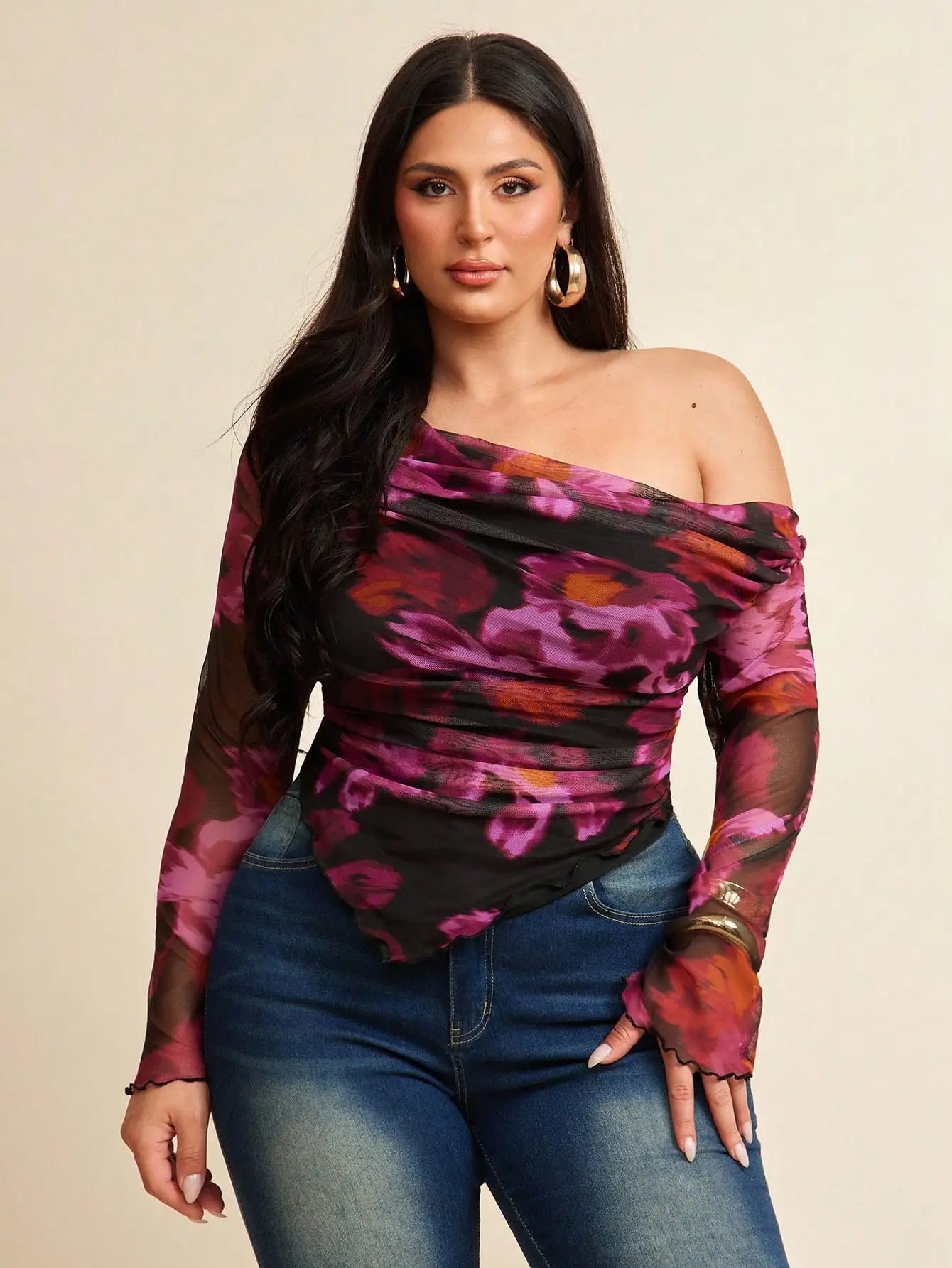 

Plus Size Off-Shoulder Floral Mesh Long Sleeve Top - Purple Pink Black