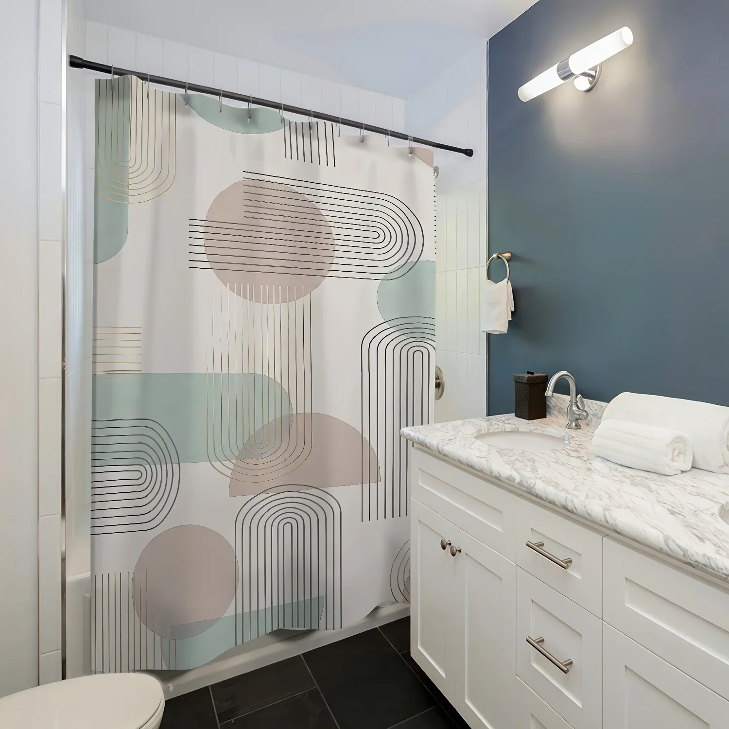 1 ستارة دش أنيقة بطباعة هندسية - بيج فاتح مع دوائر وخطوط ناعمة، بوليستر قابل للغسل في الغسالة، متضمنة الخطاف #4