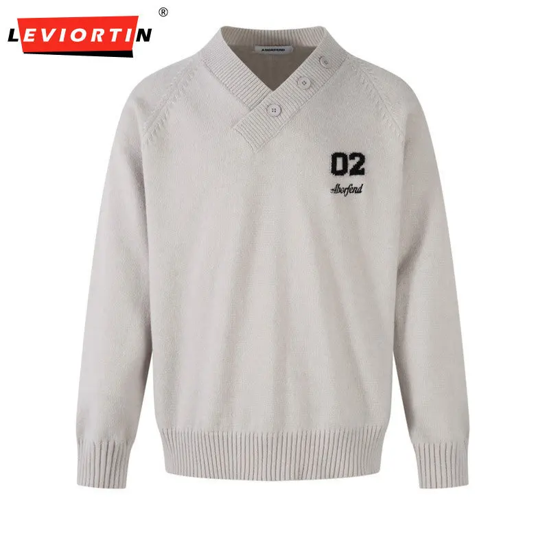 

2025 весенне-осенний мужской вязаный свитер с v-образным вырезом и длинными рукавами, индивидуальный пуловер с пуговицами, свободный повседневный пуловер