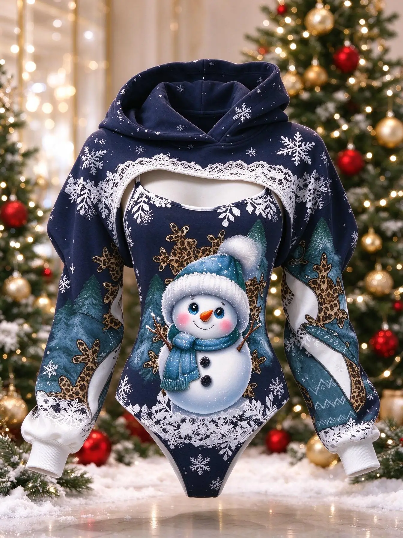 Festive Christmas Faux Lace Edge Snowflake Print Women Bodysuit Set, Oversized Hooded Shrug 2Pcs