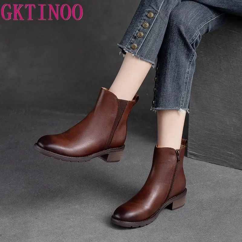 

GKTINOO 2023 New Genuine Leather Chimney in Women Boots Retro Ankle Booties Flats Autumn Zip Women Rubber Spring Shoes