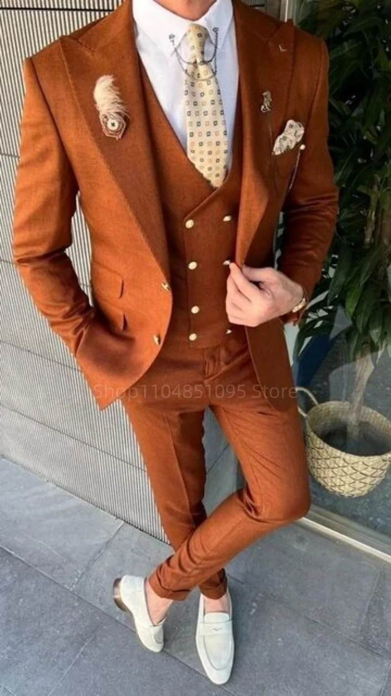 

Brown 3 Pieces Men Suits Slim Fit Formal Business Office Casual Suits Peak Lapel Blazer Wedding Groom Tuxedo(Jacket+Pants+Vest )