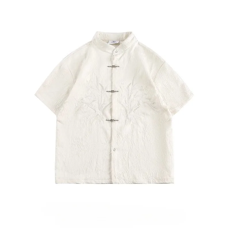 Retro Embroidered Airplane Button Shirt Men Summer New Chinese-style Couple Short-sleeved Casual Tang Suit Zhongshan Suit Shirt