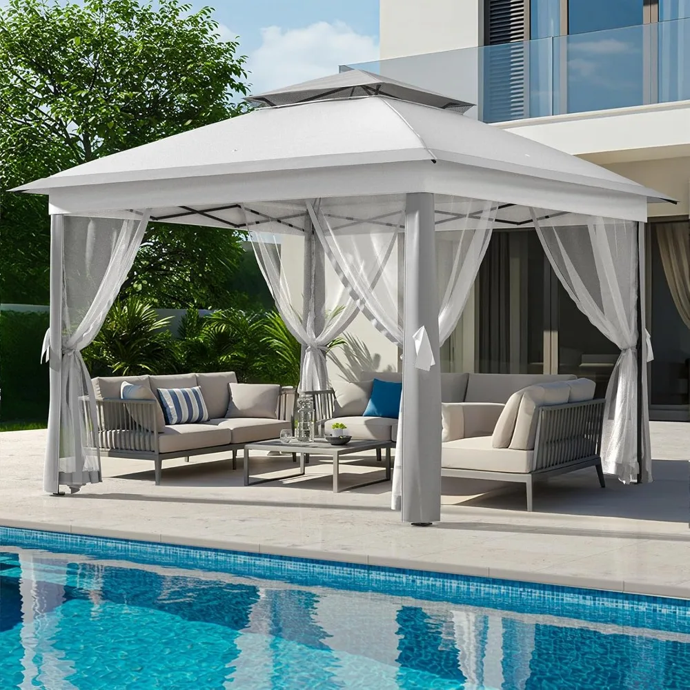 

11x11FT Outdoor Gazebo, Heavy Duty Gazebo with Sturdy Metal Frame & Double Roofs, Pergola with Mosquito Netting,